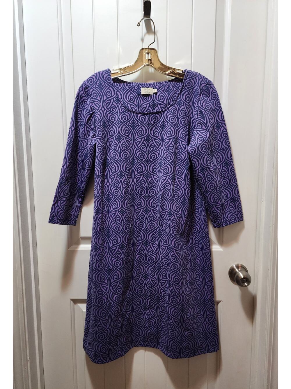 Katherine Way Tunic Dress Size M Purple Blue 3/4 Sleeve Casual Workwear Stretch